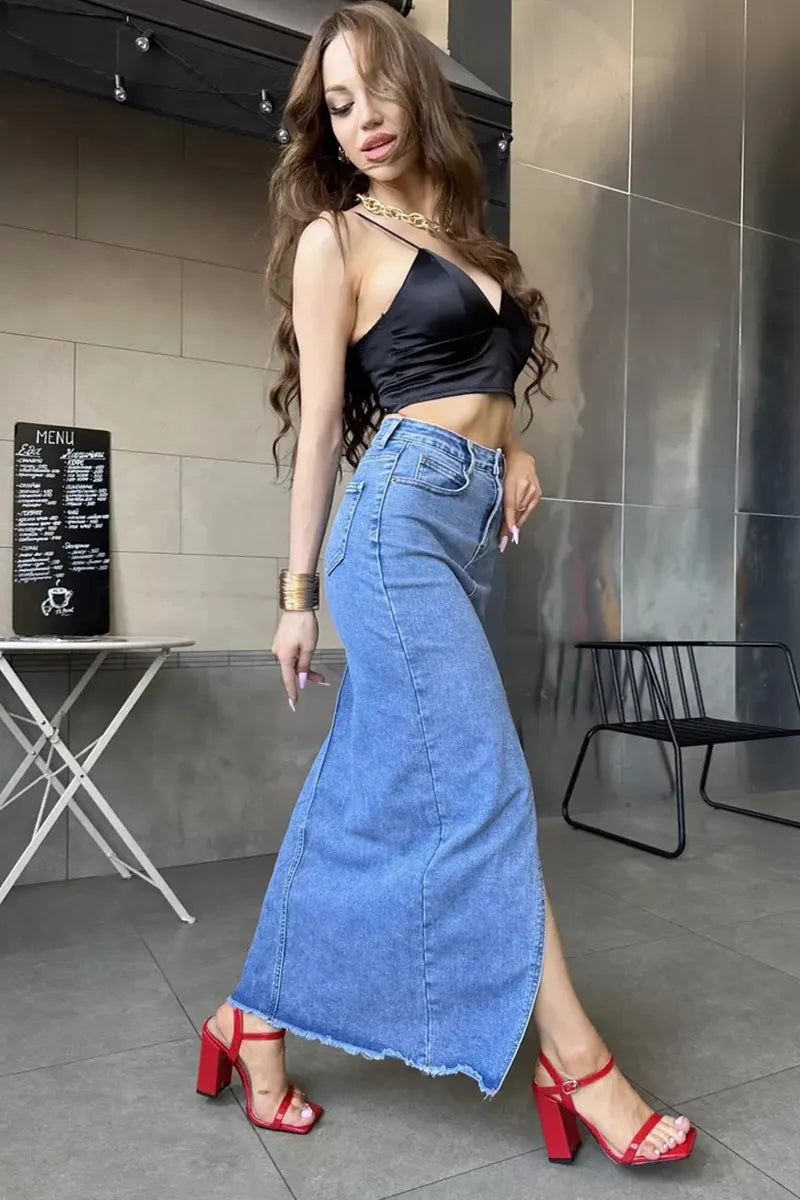 Women‘s Vintage Washed Front-Slit Denim Skirt