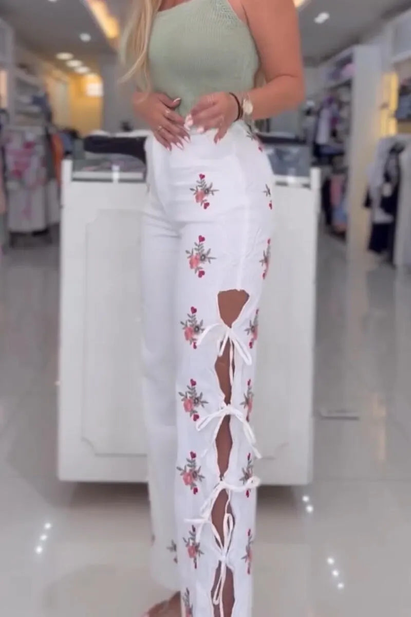 Women High Waisted Embroidered Side Hollow Strap Casual Wide Leg Jeans