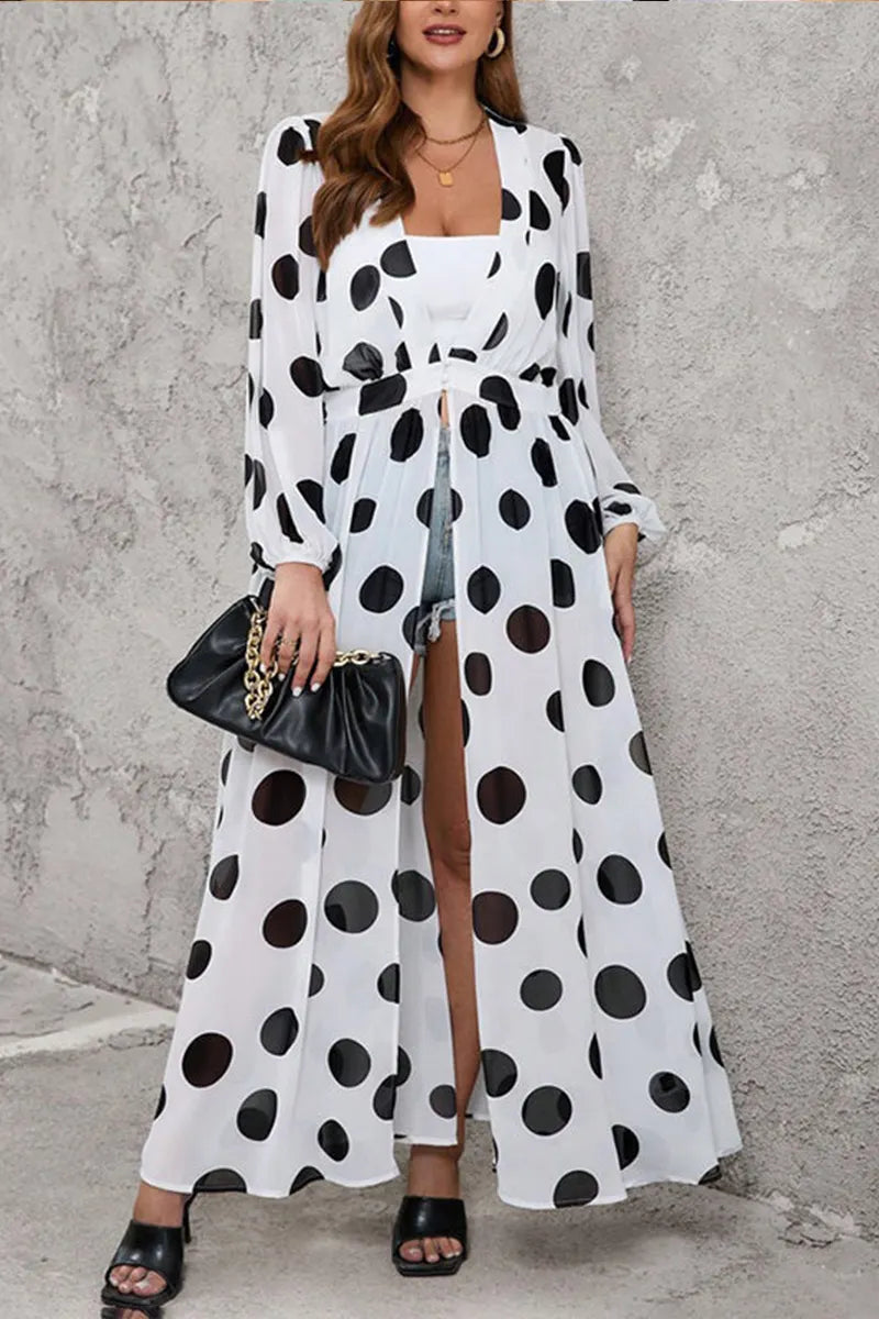 Women's Sheer Polka Dot Chiffon Duster with Open Front & Belted Waist