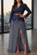 Women's 2-Piece Fitted Blazer High-Waist Pleated Chiffon Denim Skirt Set