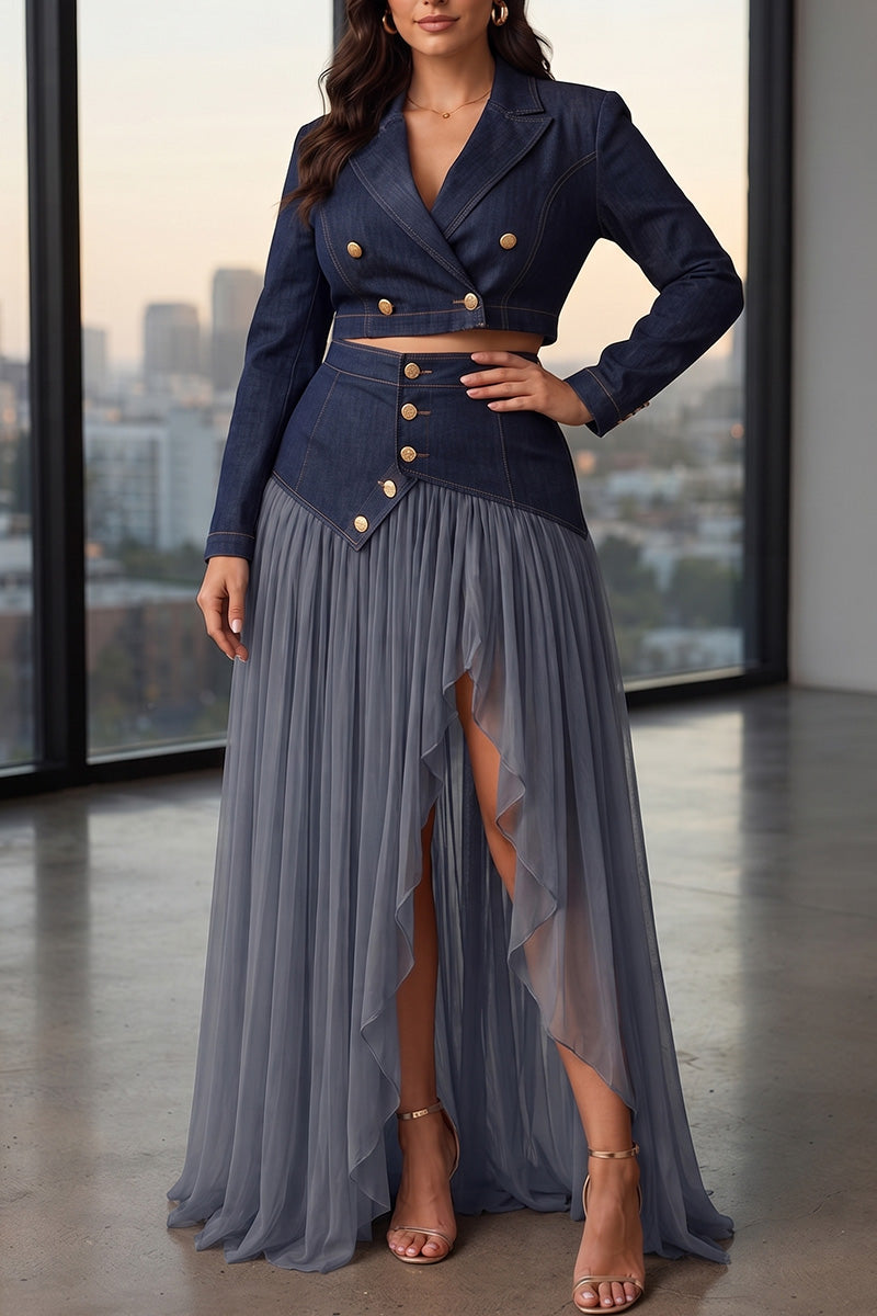 Women's 2-Piece Fitted Blazer High-Waist Pleated Chiffon Denim Skirt Set
