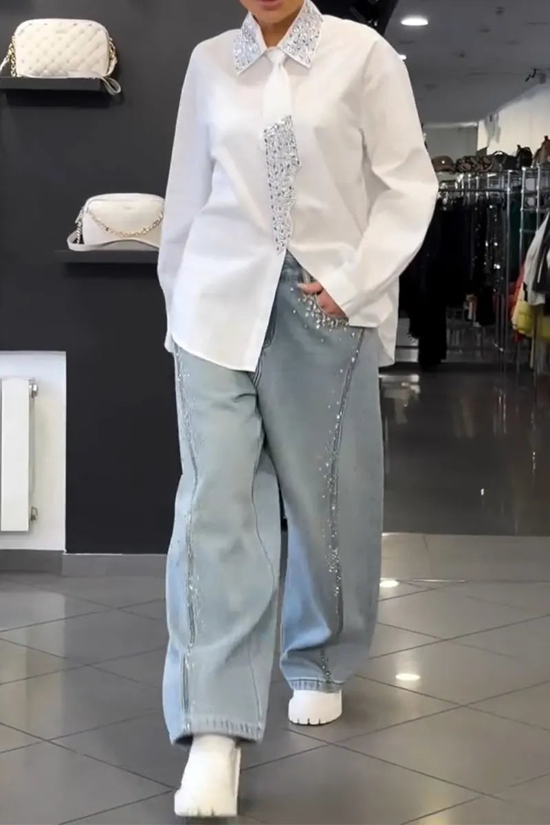 Women's Fashion Rhinestone Collar Shirts + Rhinestone Tie