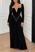 Women's Elegant Sweetheart Neck Velvet Pearl Trim Ruched Black Slit Maxi Dress