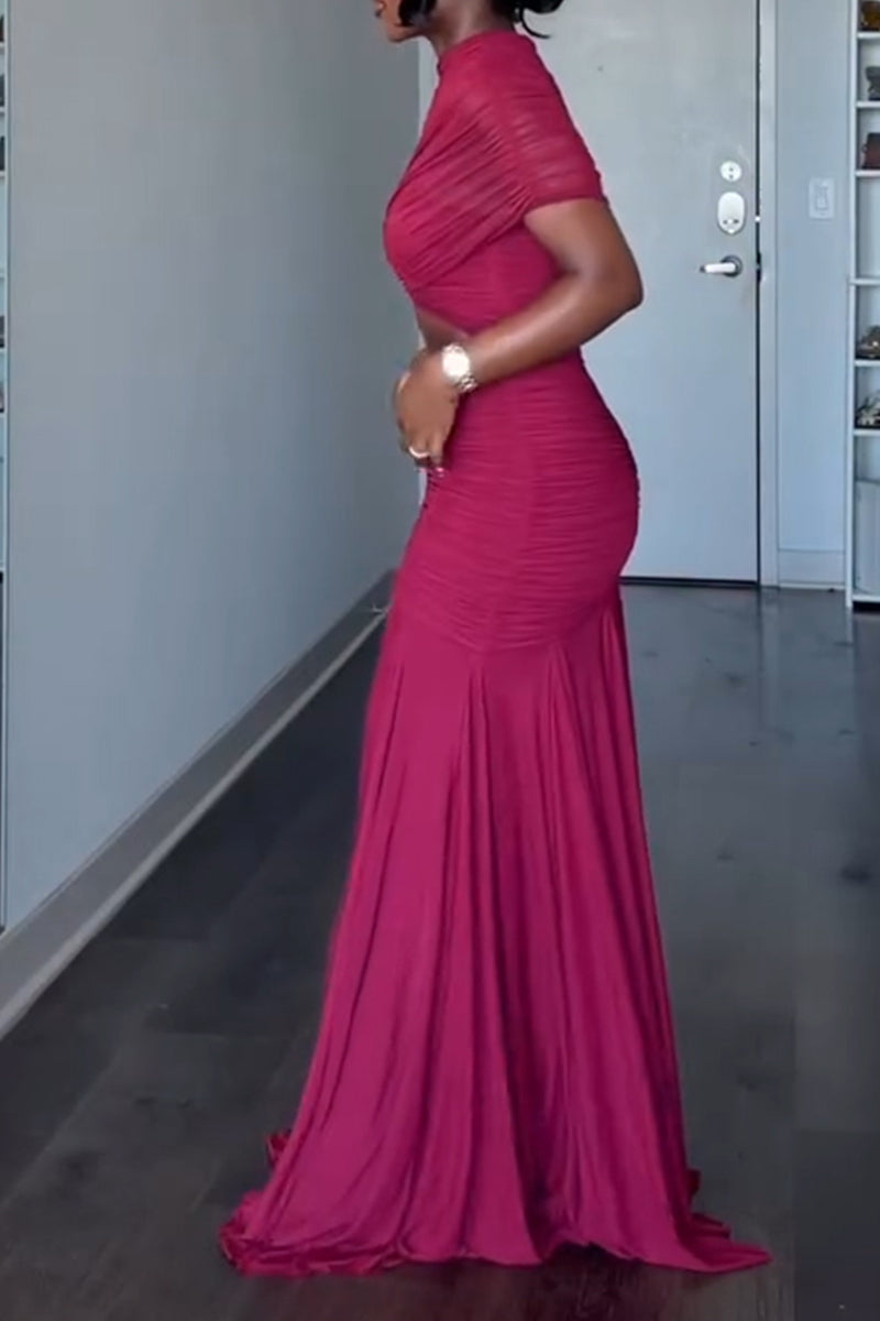 Women's Elegant Party Pleated Cut-Out Decoration Gown Maxi Dress