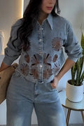 Women's Collar Patchwork Pattern Hollowed Out Jacket or Washed Denim Jeans