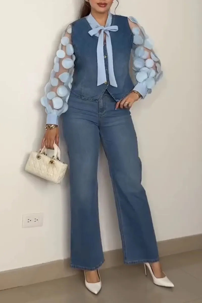 Women Round Neck Circular See Through Top or Denim Vest or Denim Pants