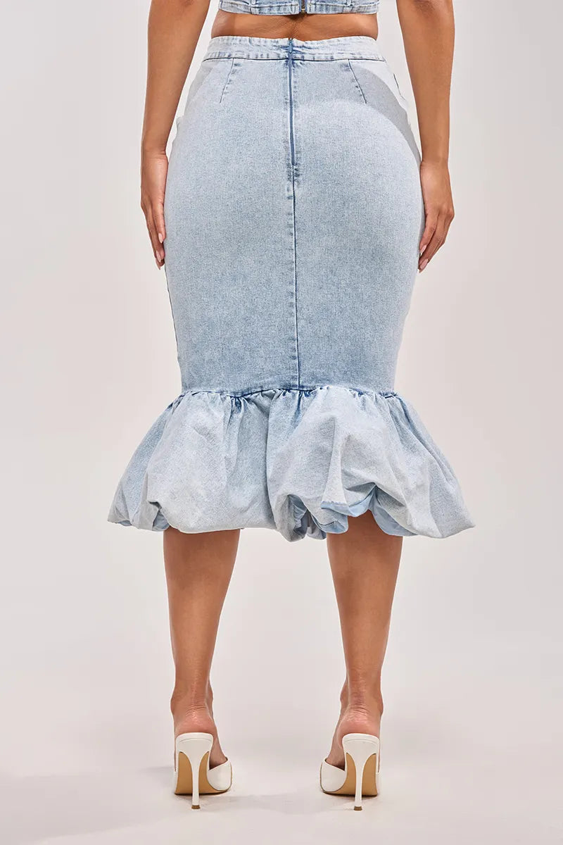 Women's Floral Strapless Cropped Denim Top Or Fitted Denim Mini Skirt With Ruffled Hem