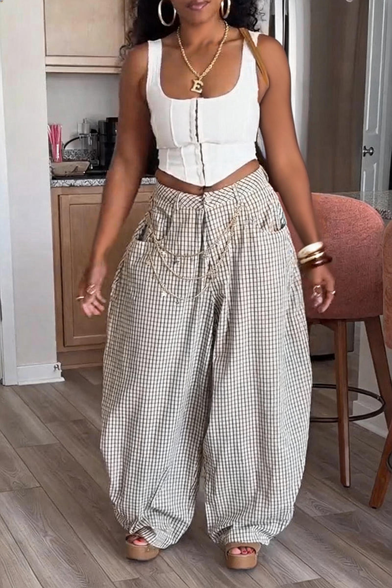 Women's Casual Plaid Versatile Wide Leg Pants