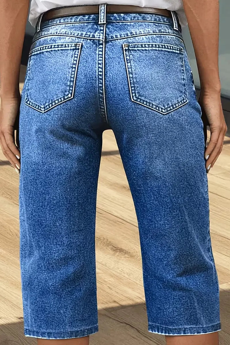 Women's Vintage Wash Multi Line Stitch Cuff Cropped Denim Capri Pants