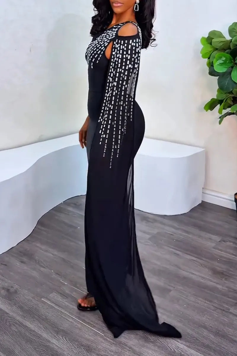 Women's Elegant Rhinestone One Sleeve Trim Maxi Dress