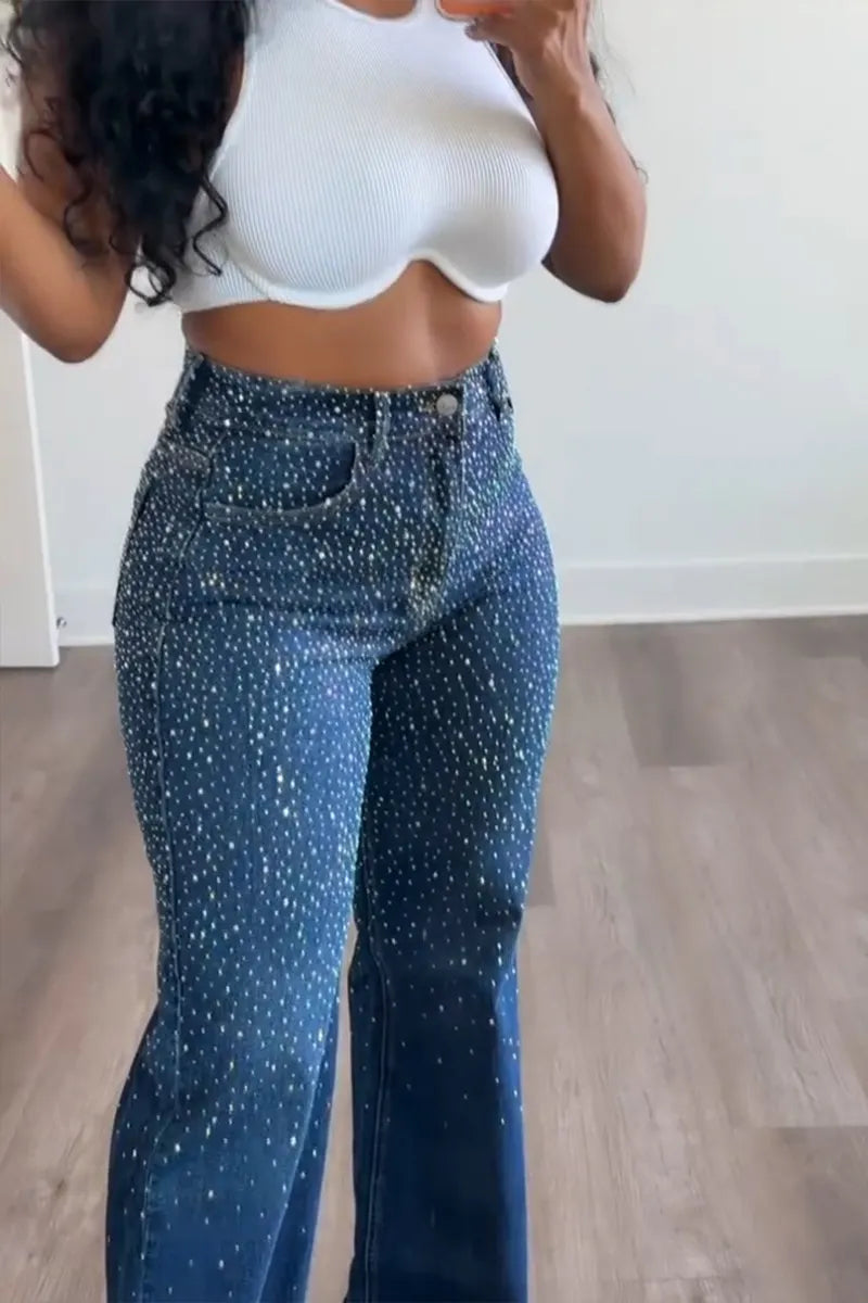 Women's Casual Gradient Shiny Rhinestone Wash Jeans