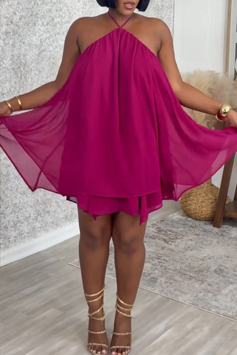 Women's Casual Halter Backless Mesh Loose Mini Dress