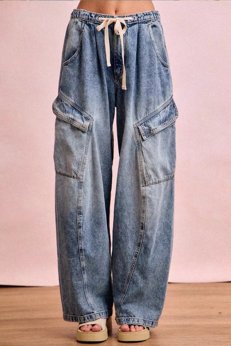 Women's Casual Wide Leg Drawstring Jeans With Multiple Pockets