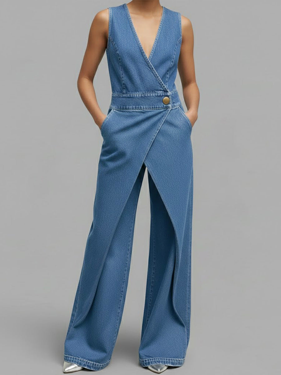 Women's V-neck Sleeveless Casual Loose Denim Wide-leg Jumpsuit