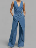 Women's V-neck Sleeveless Casual Loose Denim Wide-leg Jumpsuit