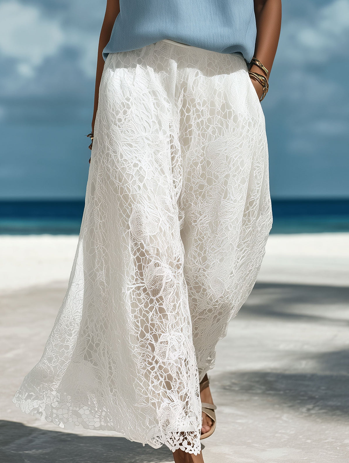 French-Style Resort Blue Denim Sleeveless Top And White Lace Trousers Set