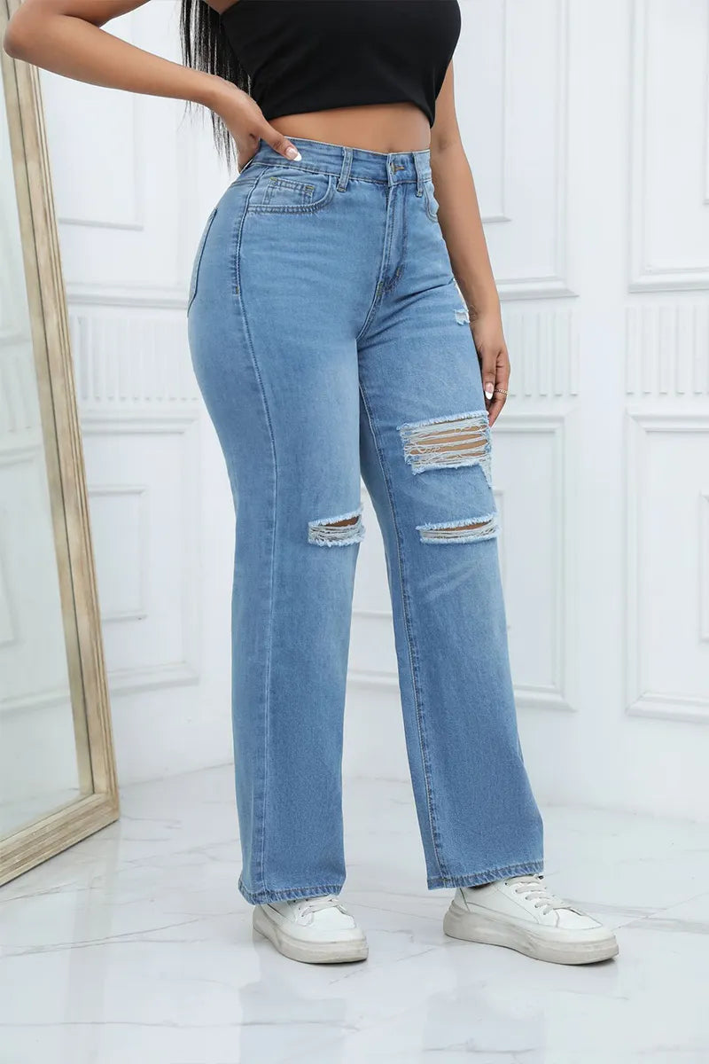Fashion Mid Rise Wide Leg Flared Denim Jeans