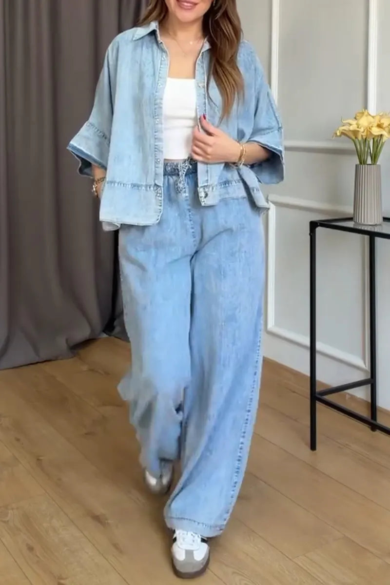 Women's Casual Comfortable Asymmetric Hem Denim Shirt or Jeans