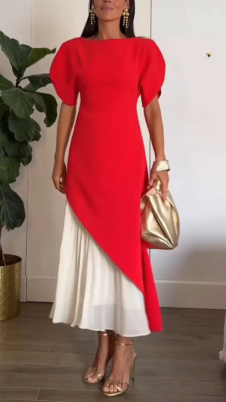 Women Round Neck Irregular Solid Color Elegant Temperament Dress