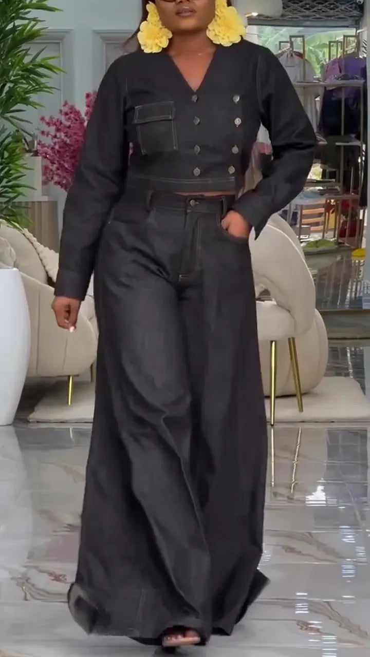 Women V-neck Double Breasted Top and Pants Casual Denim Suit