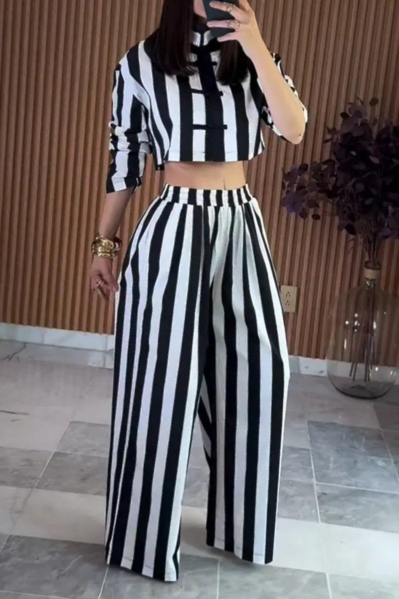 Women's Round Neck Black and White Vertical Stripe New Chinese Style Two-piece Set