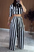 Women's Round Neck Black and White Vertical Stripe New Chinese Style Two-piece Set