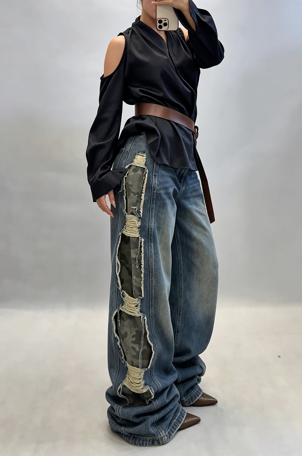 Women's Street Style Side Camo Patchwork Wide Leg Jeans