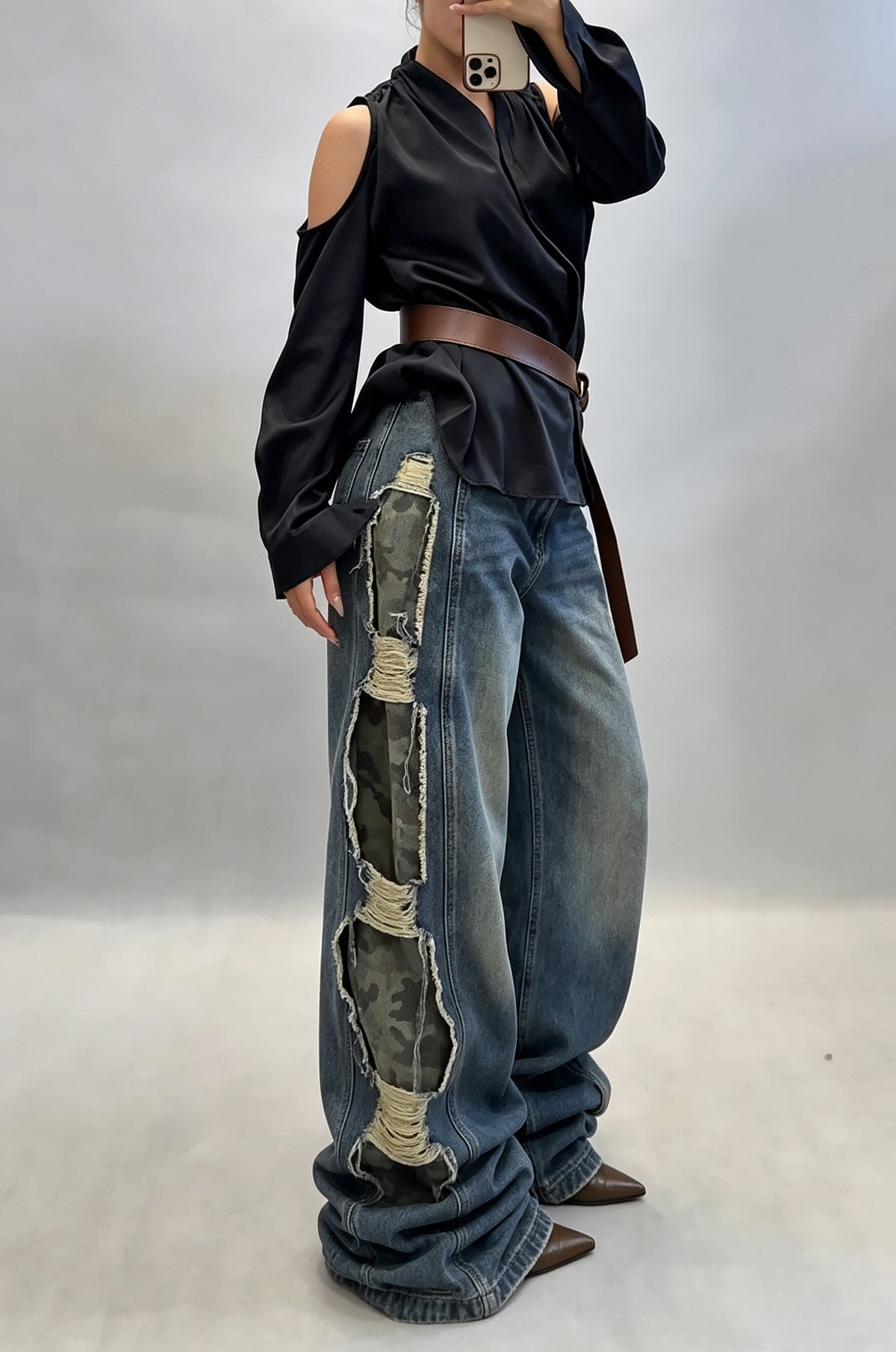 Women's Street Style Side Camo Patchwork Wide Leg Jeans