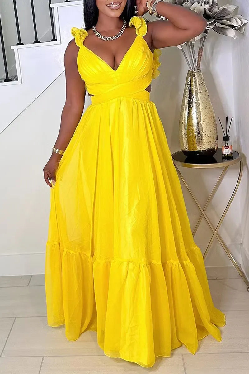 Women's Elegant  Ruffle Backless Lace-Up Maxi Dress