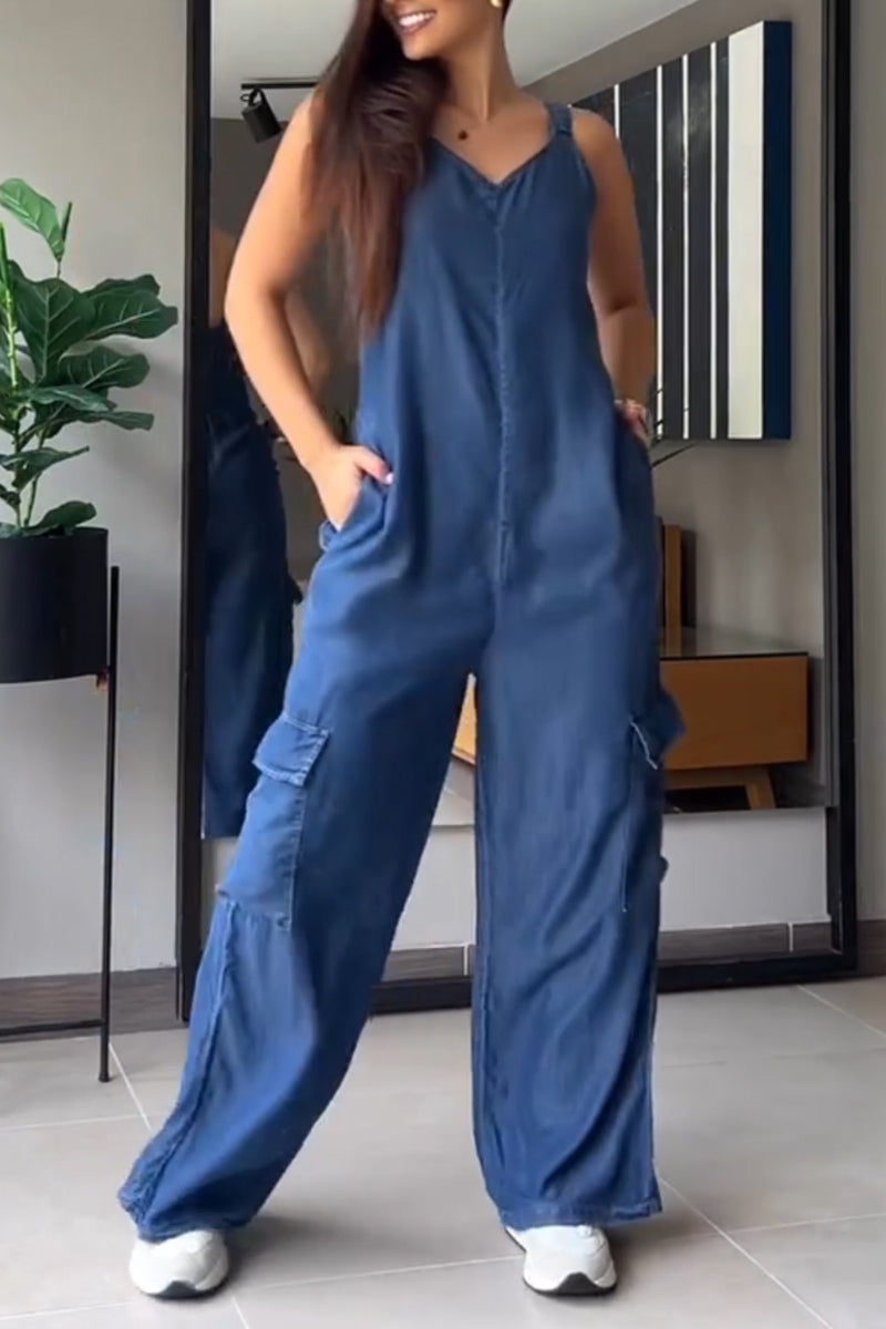 Women's V-neck Patchwork Pocket Casual Denim Jumpsuit