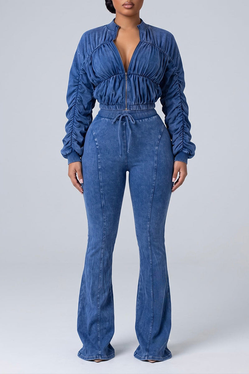 Women's Casual Distressed Pleated Decoration Short Jacket or Pants