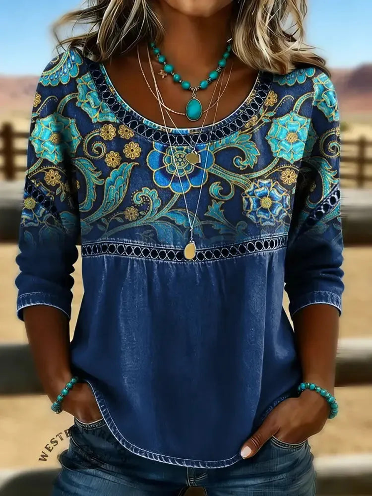 Retro Floral Print Casual Hollow Denim Shirt