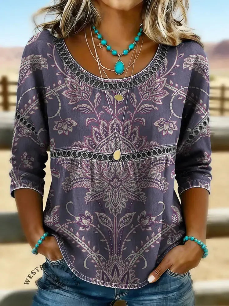 Women's Vintage Flower Print Casual Short Sleeves Denim Shirt