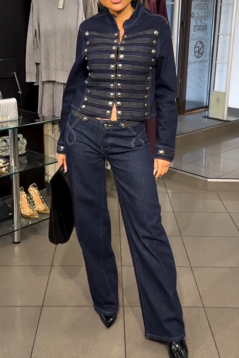 Women's Round Neck Spliced Double Breasted Jacket or Jeans