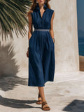 Resort-Style Blue Denim Sleeveless V-Neck Color-Blocked Belted Midi Dress