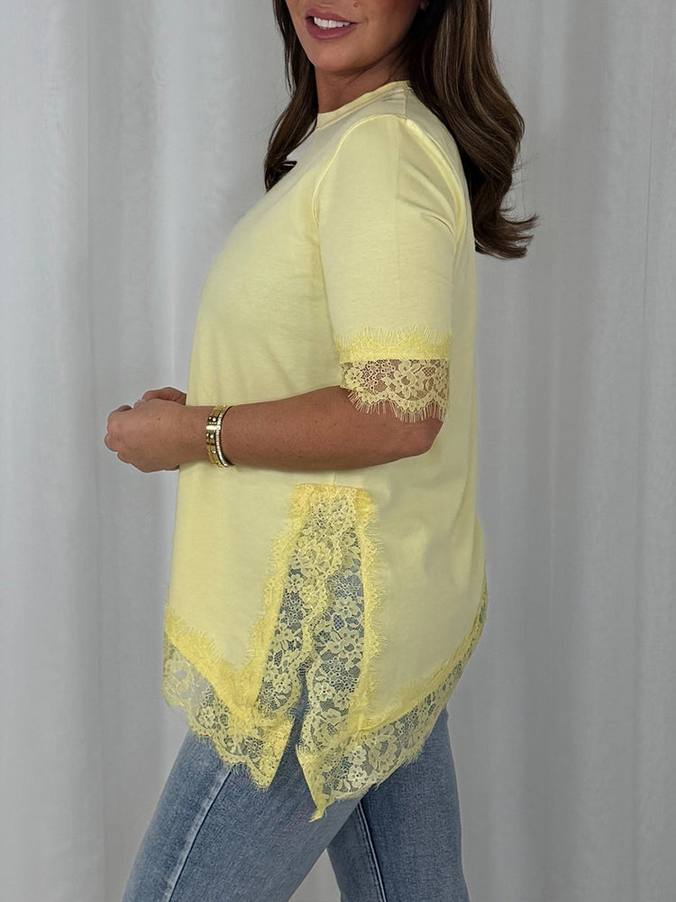 Women Round Neck Patchwork Lace Irregular Casual Top