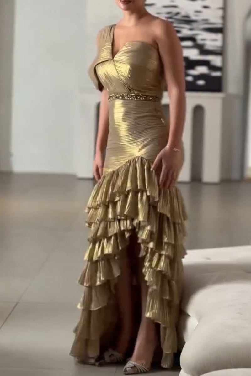 Women's Elegant One-Shoulder Sleeve Metallic Tiered Ruffle Hem Gown Dress