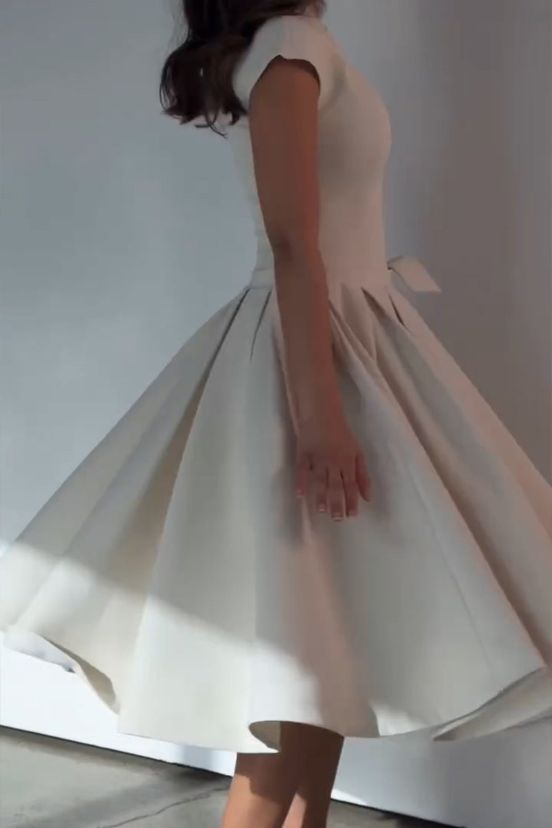 Women's Elegant Button Waist Cinching Pleated Hem Midi Dress