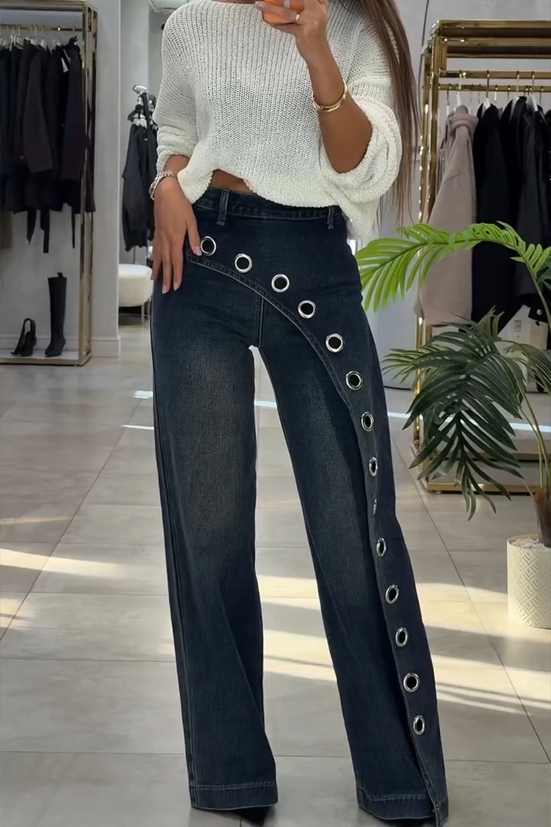 Women's Fashion Asymmetric Metal Hollow-Out Decoration Wide Leg Jeans