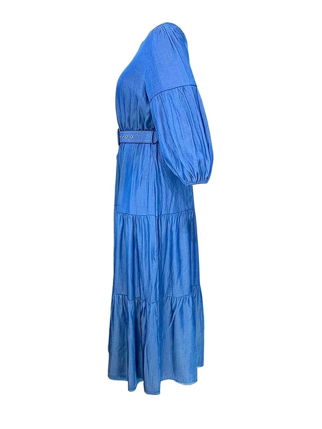 Elegant Puff Sleeve Belted Ruffle Hem Denim Midi Dress