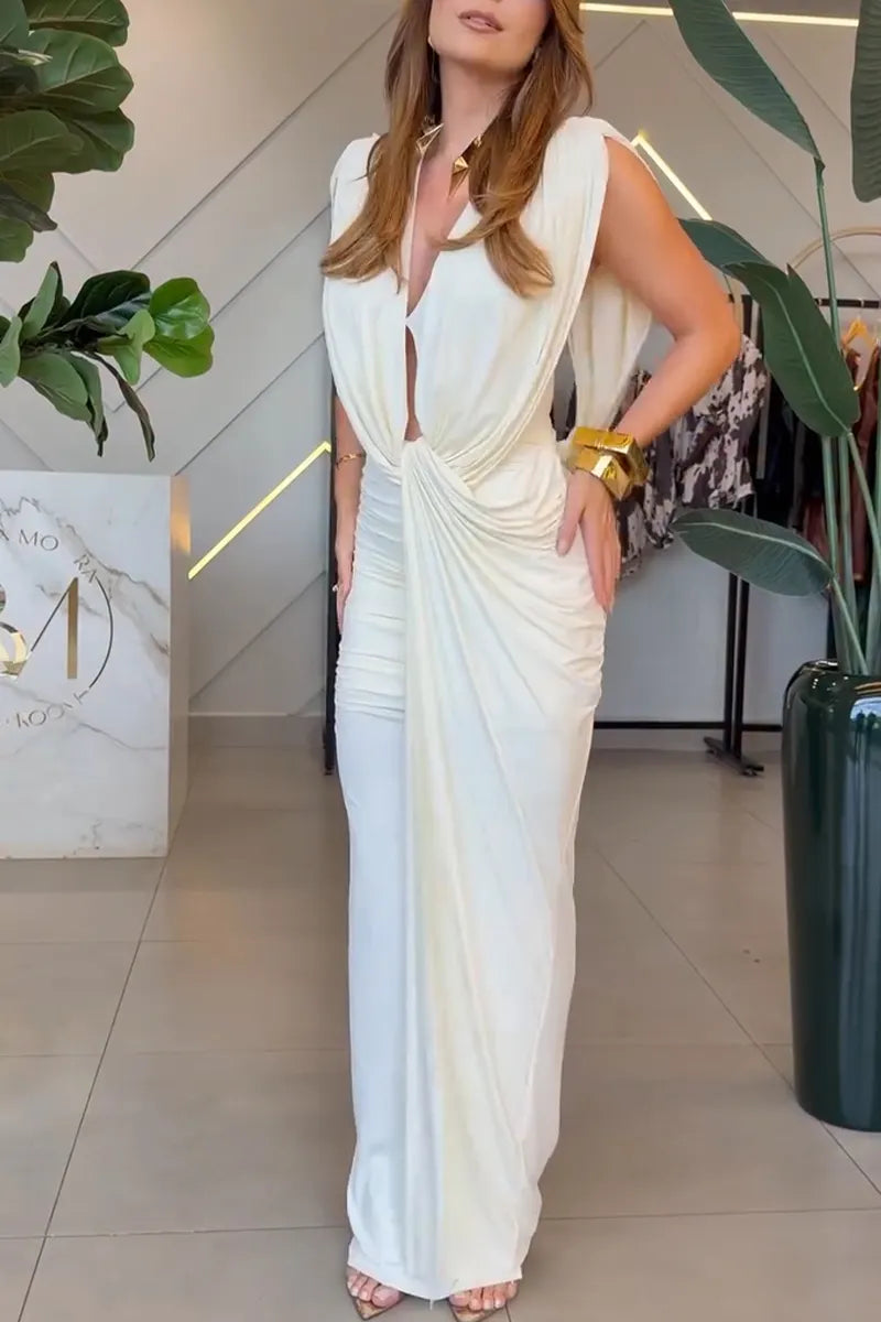 Women's Elegant Pleated Slim Maxi Dress