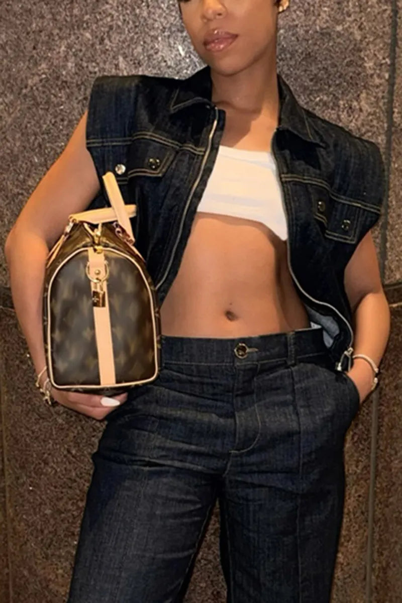 Women's Casual Versatile Wide-Shoulder Denim Vest or Jeans