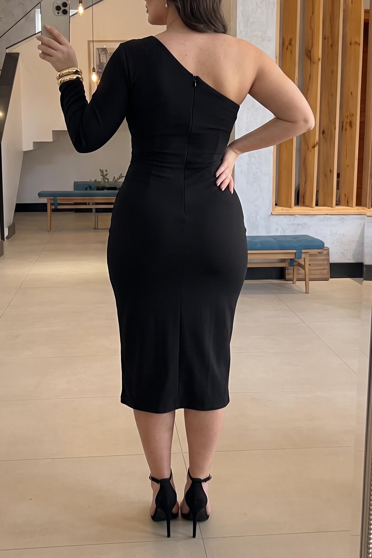 Women's One Shoulder Long Sleeve Bodycon Midi Dress Sparkly Rhinestone Floral Sheer Mesh Waist Cutout Evening Cocktail Party Dress
