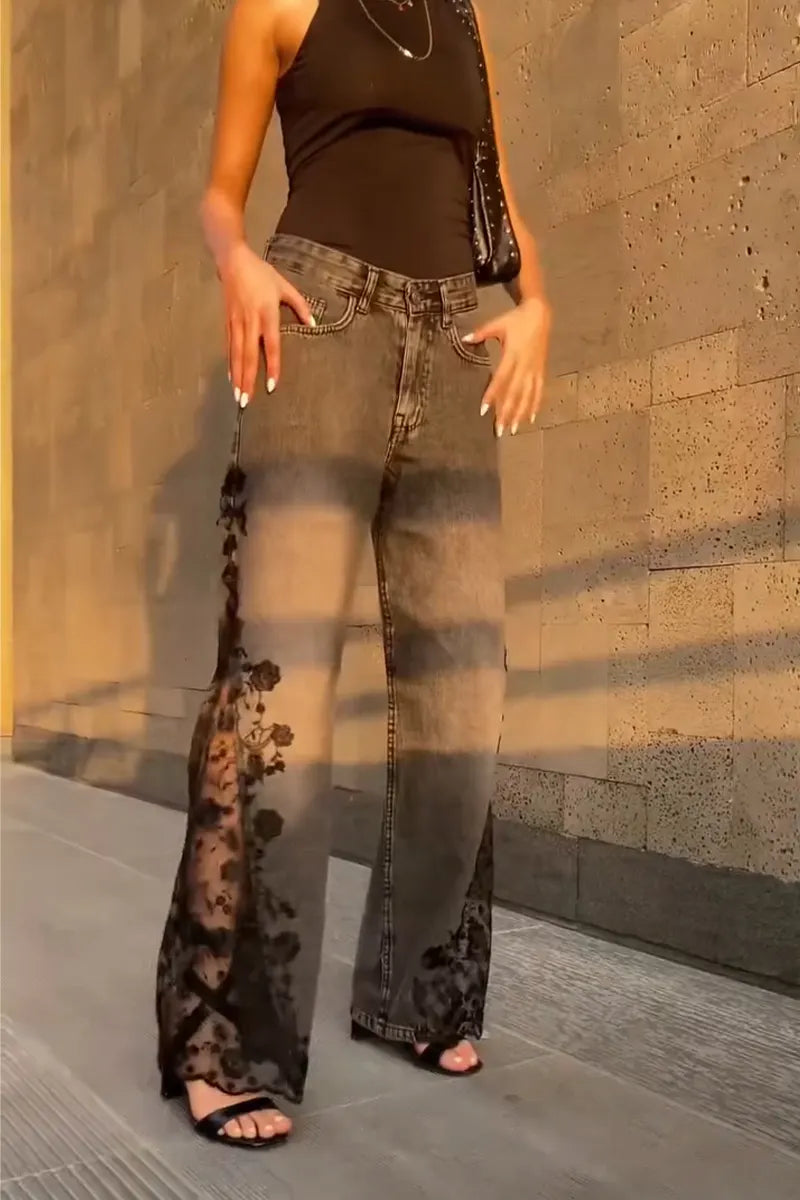 Women Patchwork Lace Printed Casual Denim Wide Leg Pants