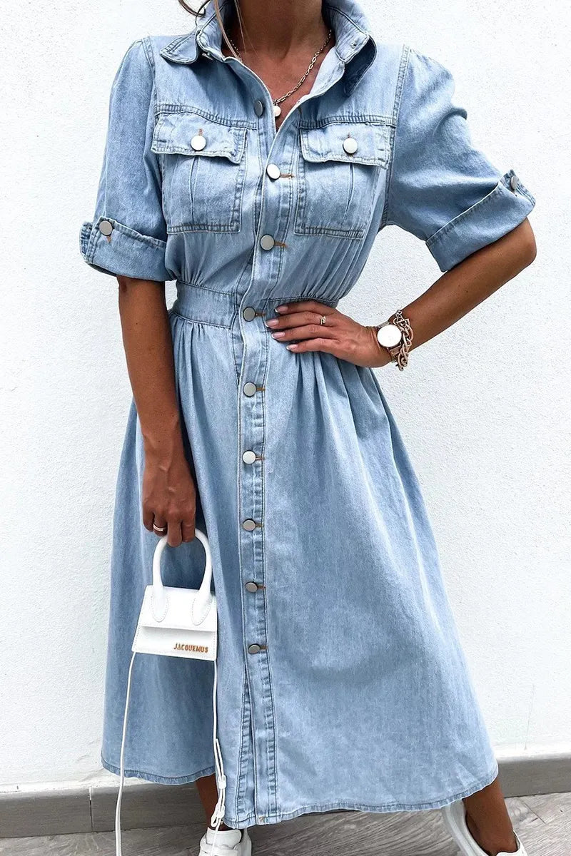 Fashion Lapel Waist Cinching Denim Dress