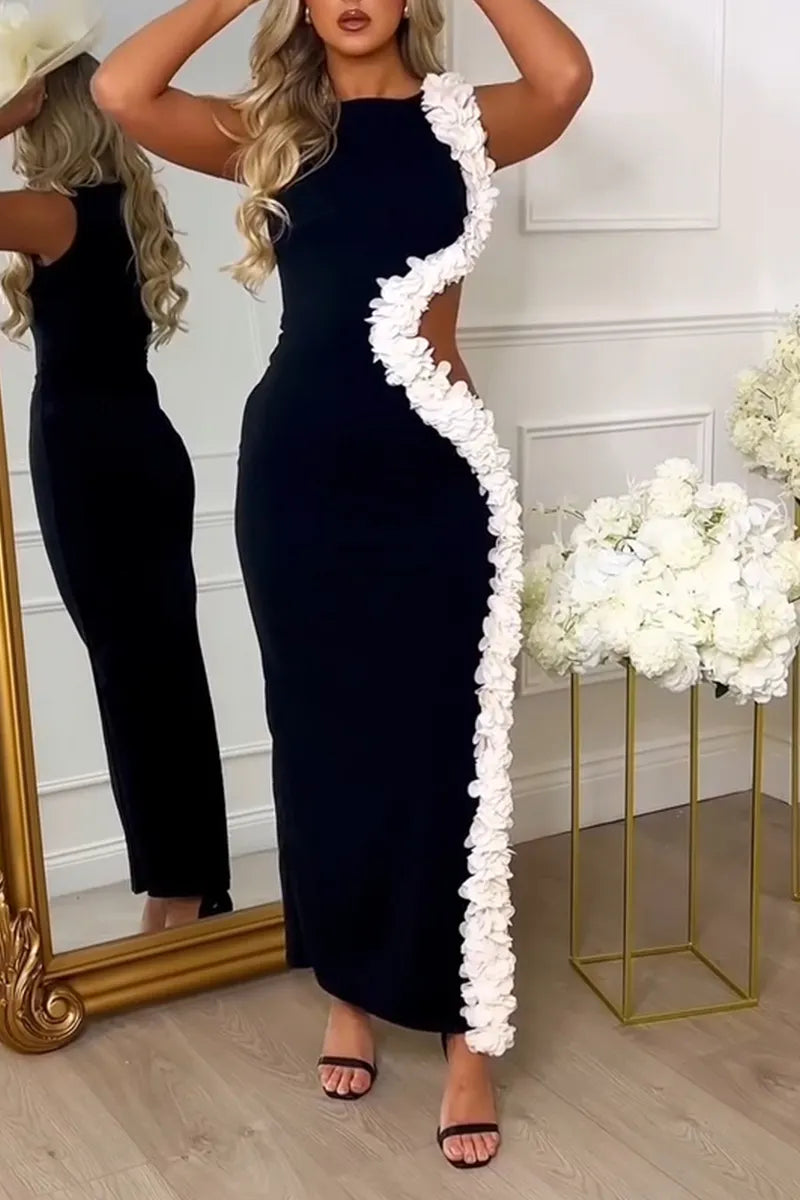 Women's Elegant White Lace Trim Waist Cutout Maxi Dress