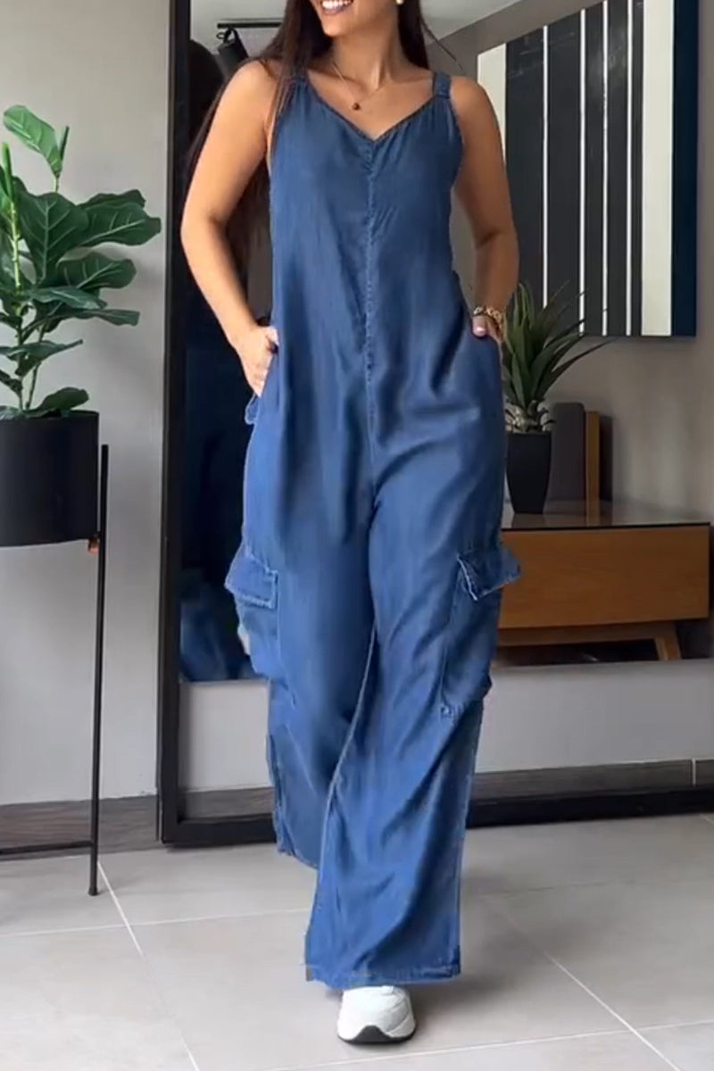 Women's V-neck Patchwork Pocket Casual Denim Jumpsuit