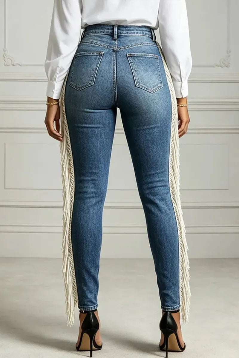 Women's Fashion Washed Distressed Side Fringe Skinny Jeans