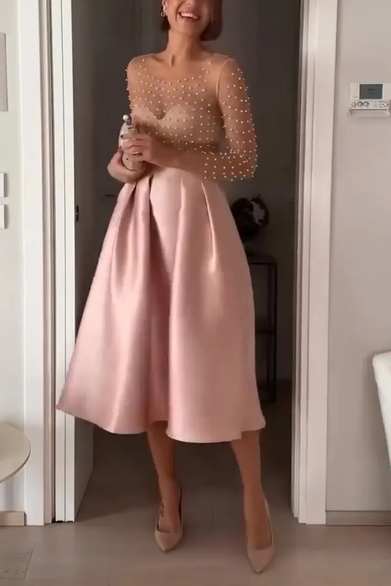 Women's Elegant Casual U-neck Nail Bead See Through Top or Satin Skirt