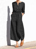 Women's V-neck Long-sleeved Casual Loose Denim Jumpsuit